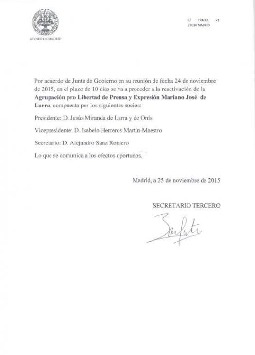 Acuerdo Agrupación Libertad de Prensa y Expresión Mariano José de Larra