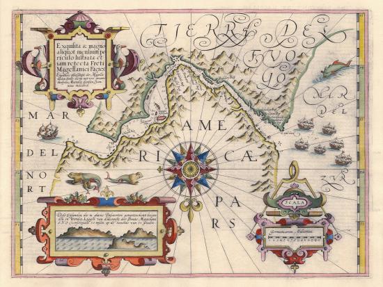V Centenario de de la Primera Vuelta al mundo (1519-1919). Estrecho de Magallanes (mapa de Jodocus Hondius de 1606).